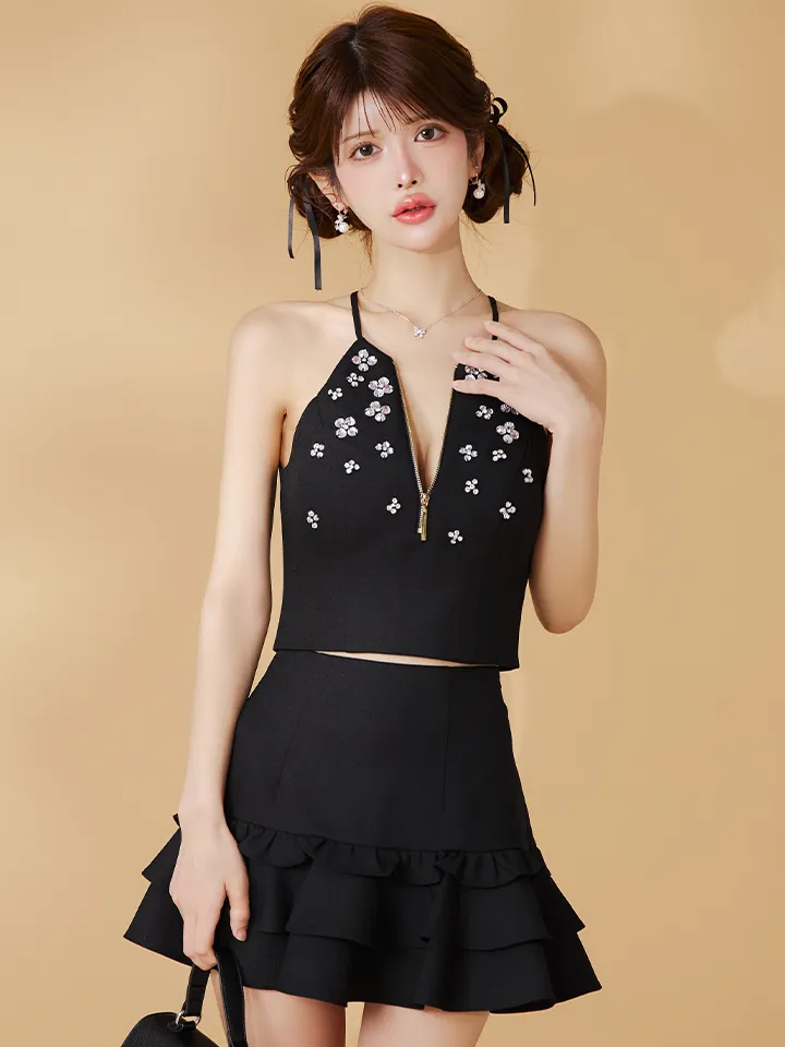 XSサイズあり【ROBE de FLEURS/ローブドフルール】ホルターネック/ バストジップ/ ビジュー/ フレア/ ツーピース/ セットアップ/ ミニドレス/ キャバドレス