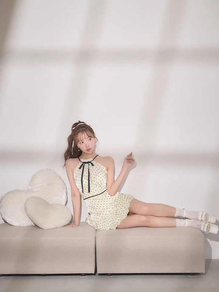 【ROBE de FLEURS/ローブドフルール】ドット/ オーガンジー/ ホルターリボン/ ミニドレス/ キャバドレス3