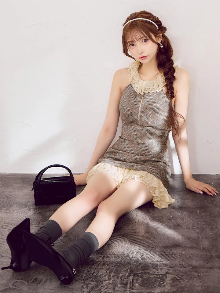 【ROBE de FLEURS/ローブドフルール】2way/ 襟付き/ チェック柄/ レース/ フロントジップ/ フレア/ セットアップ/ ミニドレス/ キャバドレス3