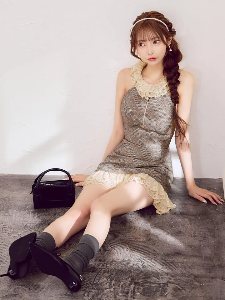 【ROBE de FLEURS/ローブドフルール】2way/ 襟付き/ チェック柄/ レース/ フロントジップ/ フレア/ セットアップ/ ミニドレス/ キャバドレス4