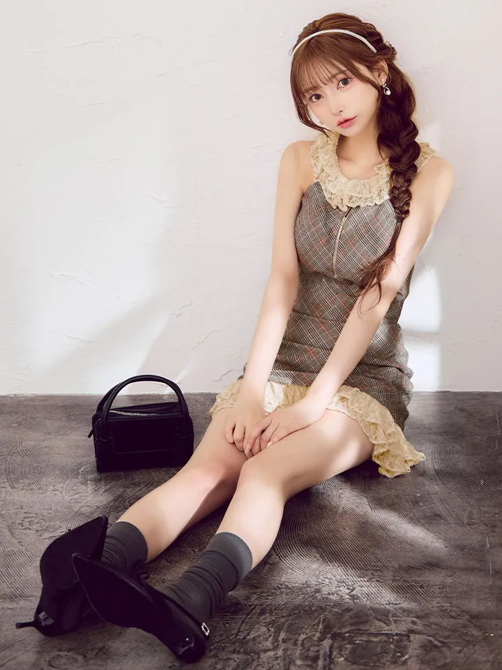 【ROBE de FLEURS/ローブドフルール】2way/ 襟付き/ チェック柄/ レース/ フロントジップ/ フレア/ セットアップ/ ミニドレス/ キャバドレス5
