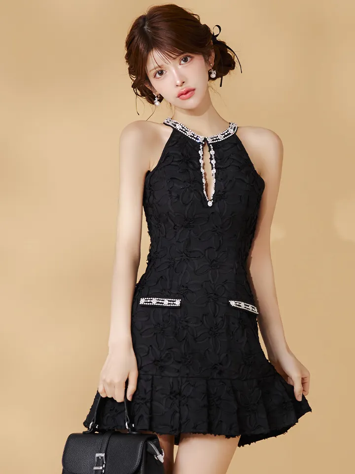 XSサイズあり【ROBE de FLEURS/ローブドフルール】フラワージャガード/プリーツ/ アメスリ/ フレア/ ビジュー/ ミニドレス/ キャバドレス