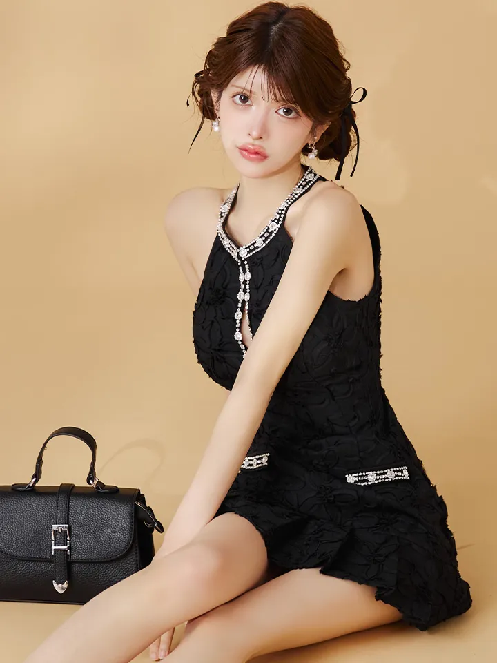 XSサイズあり【ROBE de FLEURS/ローブドフルール】フラワージャガード/プリーツ/ アメスリ/ フレア/ ビジュー/ ミニドレス/ キャバドレス