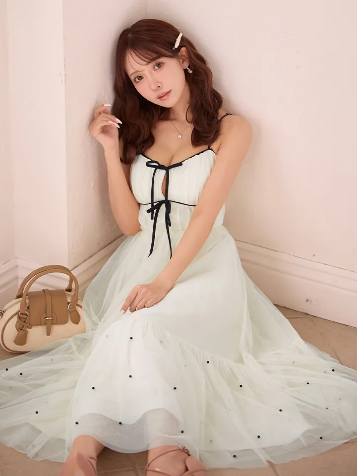 【ROBE de FLEURS/ローブドフルール】ドットパールリボン チュールフレア/ ロング/ ドレス/ キャバドレス2