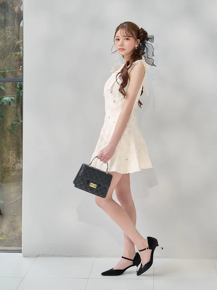 【ROBE de FLEURS/ローブドフルール】フラッフィーフラワー/ ビジュー/ ショルダーリボン/ バストジップ/ ノースリーブ/ フレア/ Aライン/ ミニドレス/ キャバドレス1