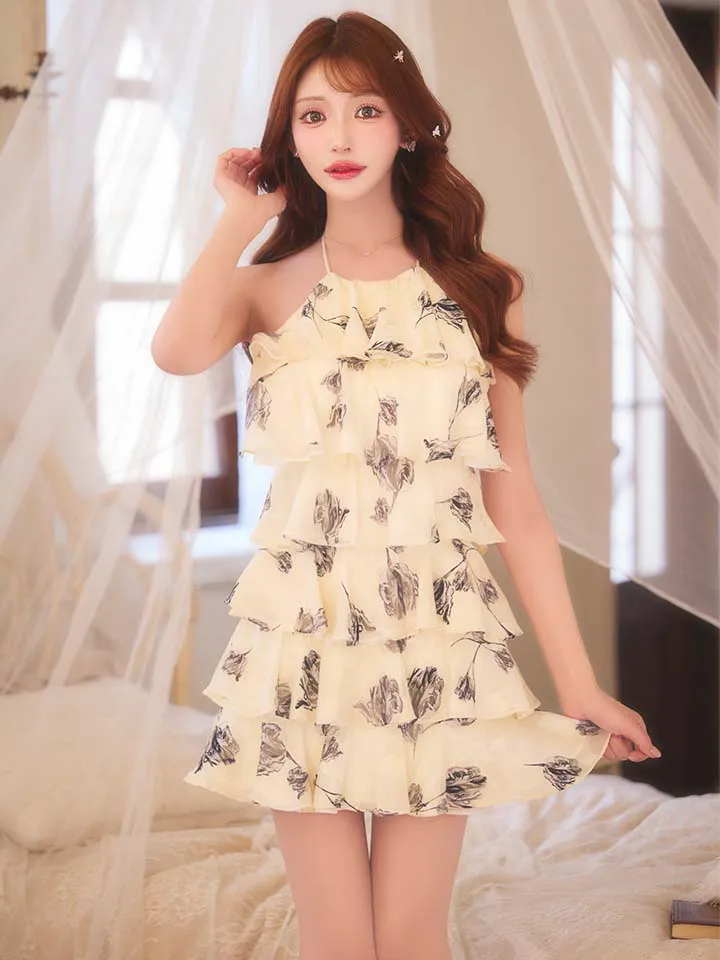 【ROBE de FLEURS/ローブドフルール】フラワージャガード/ シフォン/ ティアード/ フレア/ ミニドレス/ キャバドレス1