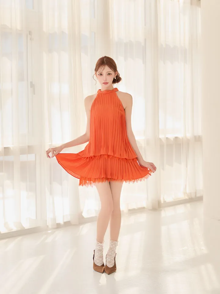 【ROBE de FLEURS/ローブドフルール】ホルター/ リボン/ レースプリーツ/ ラメシフォン/ ティアード/ 2段フリル/ フレア/ ミニドレス/ キャバドレス4