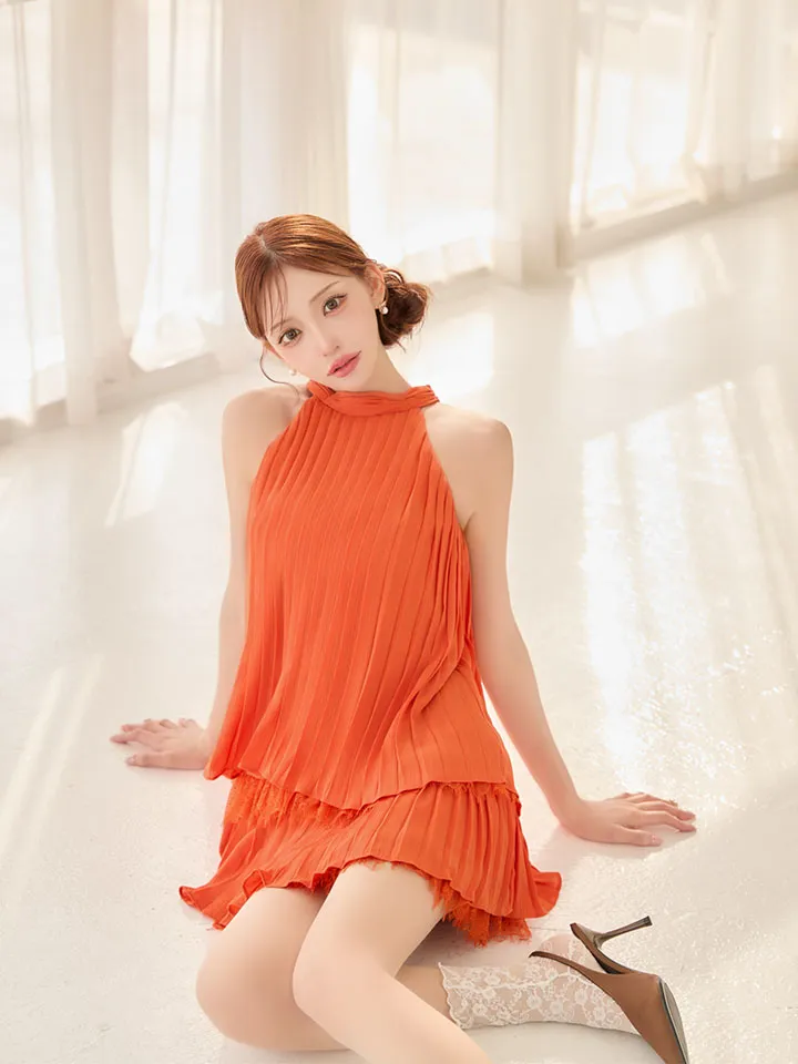 【ROBE de FLEURS/ローブドフルール】ホルター/ リボン/ レースプリーツ/ ラメシフォン/ ティアード/ 2段フリル/ フレア/ ミニドレス/ キャバドレス5