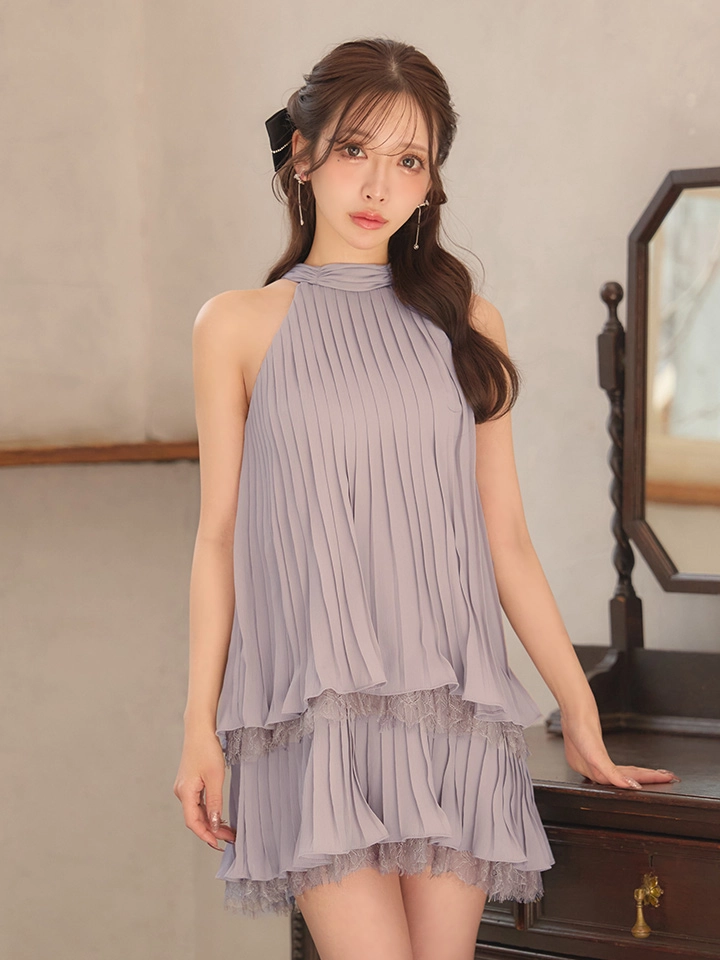 【ROBE de FLEURS/ローブドフルール】ホルター/ リボン/ レースプリーツ/ ラメシフォン/ ティアード/ 2段フリル/ フレア/ ミニドレス/ キャバドレス2