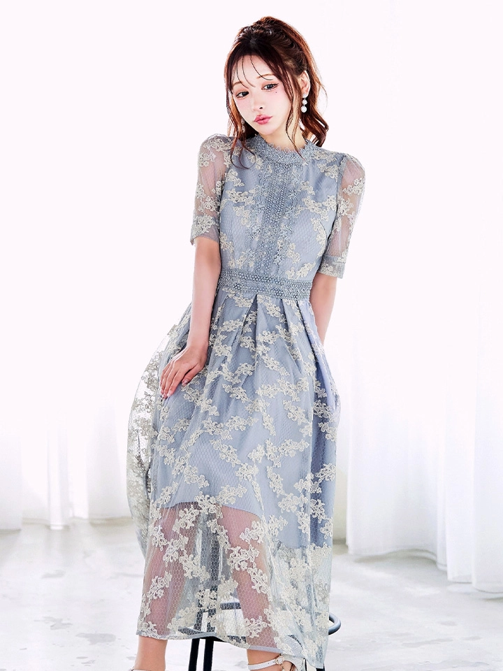 【AMORA GRACE / アモーラグレース】 オケージョンドレス/ パーティードレス/ お呼ばれドレス/ パワショル/ ハイネック/ シアー/ シフォン/ ハーフスリーブ/ ミモレ丈/ ワンピース/ キャバドレス