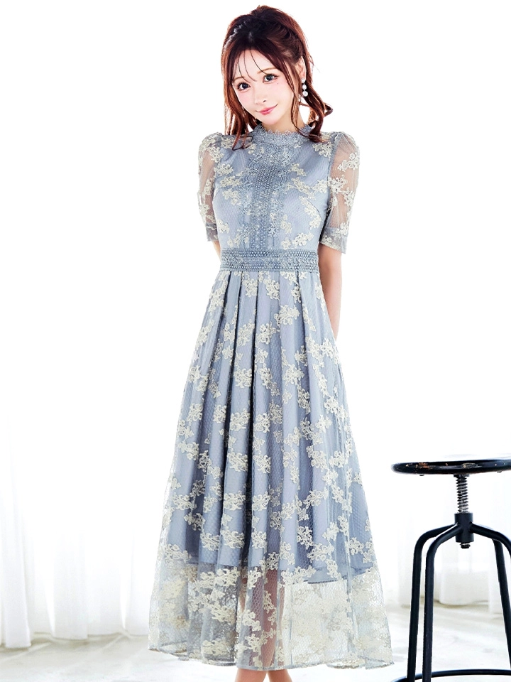 【AMORA GRACE / アモーラグレース】 オケージョンドレス/ パーティードレス/ お呼ばれドレス/ パワショル/ ハイネック/ シアー/ シフォン/ ハーフスリーブ/ ミモレ丈/ ワンピース/ キャバドレス