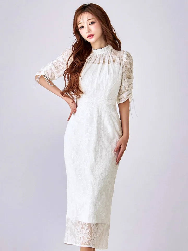 【AMORA GRACE / アモーラグレース】 オケージョンドレス/ パーティードレス/ お呼ばれドレス/ 総レース/ ハイネック/ ギャザースリーブ/ ハイウエスト/ ミモレ丈/ ワンピース/ キャバドレス10