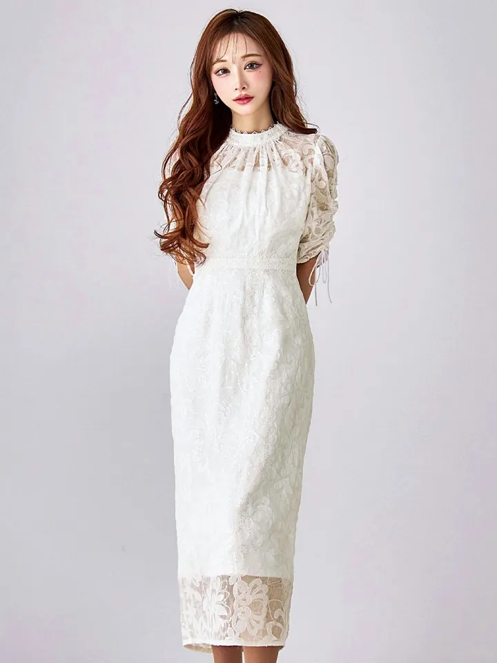 【AMORA GRACE / アモーラグレース】 オケージョンドレス/ パーティードレス/ お呼ばれドレス/ 総レース/ ハイネック/ ギャザースリーブ/ ハイウエスト/ ミモレ丈/ ワンピース/ キャバドレス11