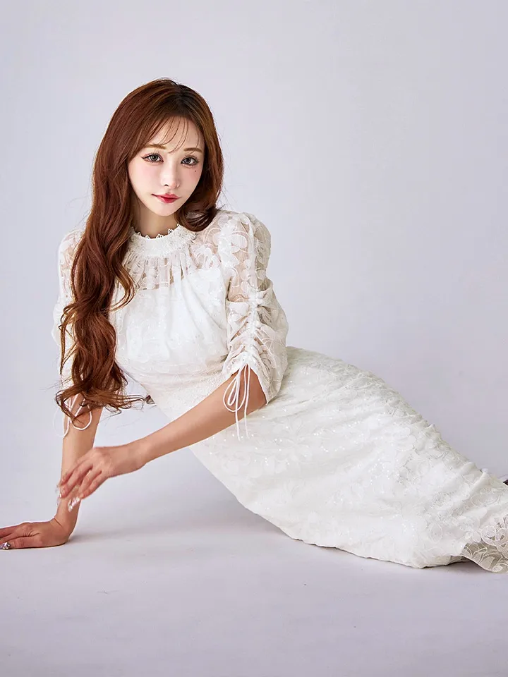 【AMORA GRACE / アモーラグレース】 オケージョンドレス/ パーティードレス/ お呼ばれドレス/ 総レース/ ハイネック/ ギャザースリーブ/ ハイウエスト/ ミモレ丈/ ワンピース/ キャバドレス12