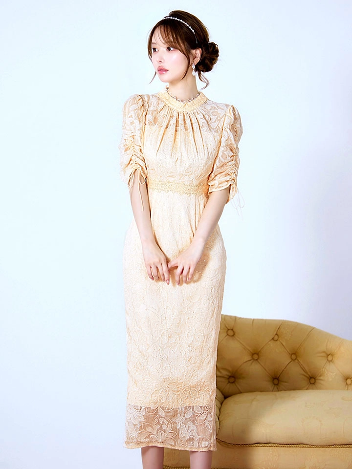 【AMORA GRACE / アモーラグレース】 オケージョンドレス/ パーティードレス/ お呼ばれドレス/ 総レース/ ハイネック/ ギャザースリーブ/ ハイウエスト/ ミモレ丈/ ワンピース/ キャバドレス4