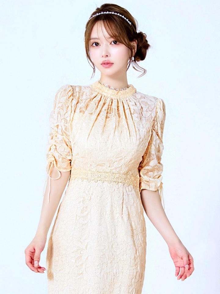 【AMORA GRACE / アモーラグレース】 オケージョンドレス/ パーティードレス/ お呼ばれドレス/ 総レース/ ハイネック/ ギャザースリーブ/ ハイウエスト/ ミモレ丈/ ワンピース/ キャバドレス5