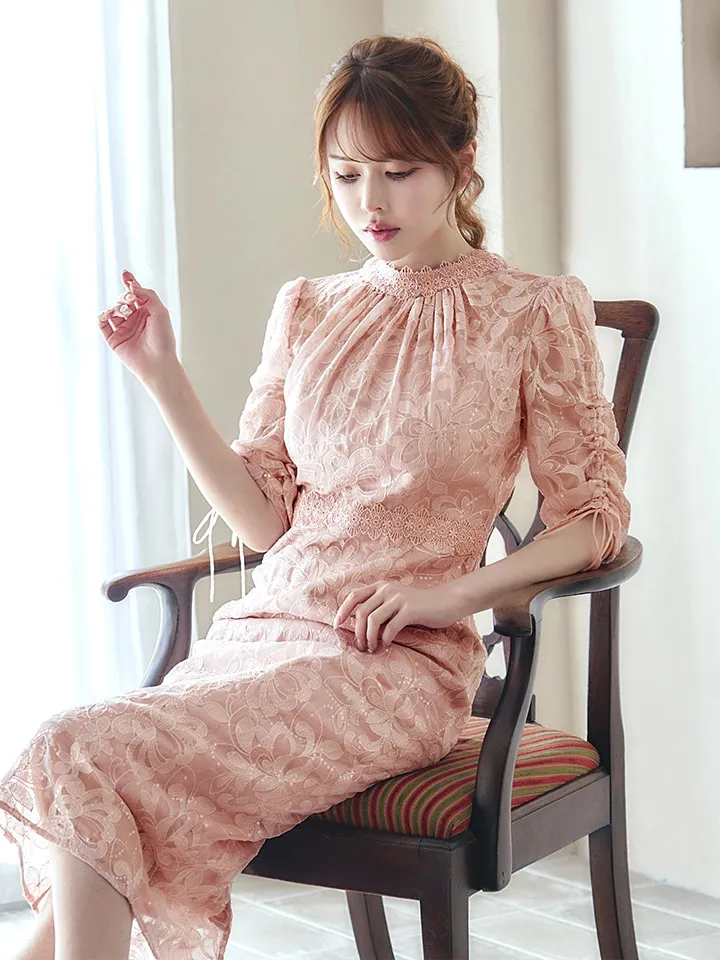 【AMORA GRACE / アモーラグレース】 オケージョンドレス/ パーティードレス/ お呼ばれドレス/ 総レース/ ハイネック/ ギャザースリーブ/ ハイウエスト/ ミモレ丈/ ワンピース/ キャバドレス14