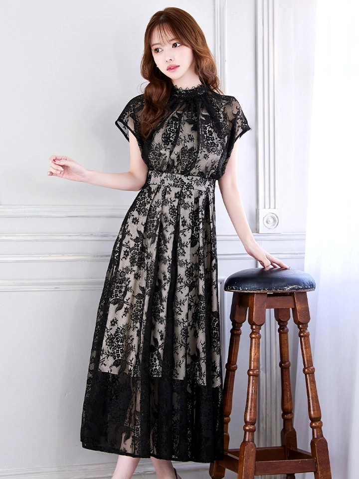 【AMORA GRACE / アモーラグレース】 オケージョンドレス/ パーティードレス/ お呼ばれドレス/ 総レース/ ハイネック/ フラワーレース/ フレンチスリーブ/ フレア/ Aライン/ ミモレ丈/ ワンピース/ ミディアムドレス/ キャバドレス16