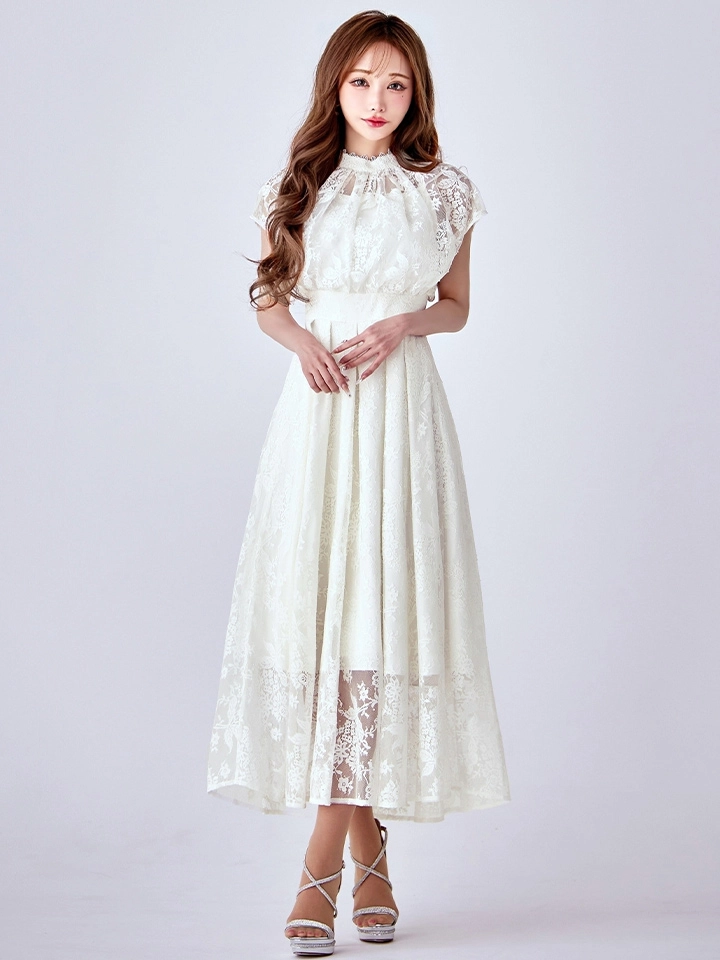 【AMORA GRACE / アモーラグレース】 オケージョンドレス/ パーティードレス/ お呼ばれドレス/ 総レース/ ハイネック/ フラワーレース/ フレンチスリーブ/ フレア/ Aライン/ ミモレ丈/ ワンピース/ ミディアムドレス/ キャバドレス13