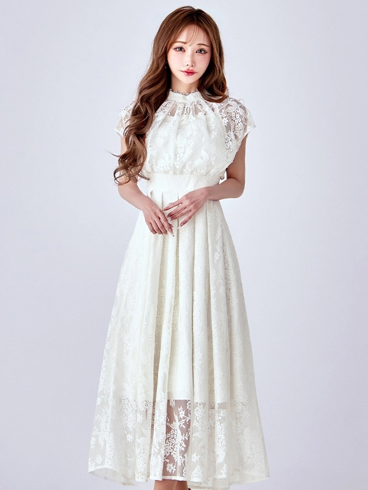 【AMORA GRACE / アモーラグレース】 オケージョンドレス/ パーティードレス/ お呼ばれドレス/ 総レース/ ハイネック/ フラワーレース/ フレンチスリーブ/ フレア/ Aライン/ ミモレ丈/ ワンピース/ ミディアムドレス/ キャバドレス14