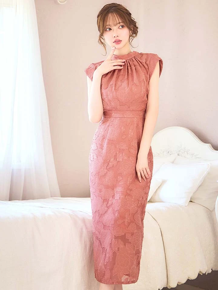 【AMORA GRACE / アモーラグレース】 オケージョンドレス/ パーティードレス/ お呼ばれドレス/ フラワージャガード/ ハイネック/ リボン/ ハイウエスト/ ミモレ丈/ ミディアムドレス/ キャバドレス1