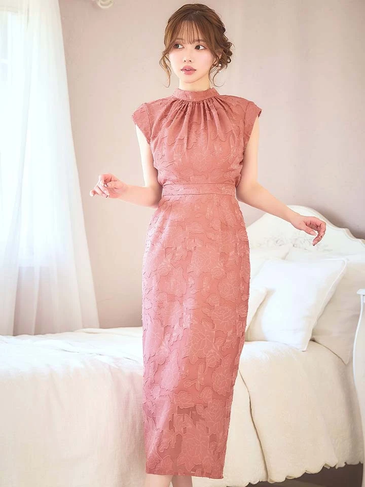 【AMORA GRACE / アモーラグレース】 オケージョンドレス/ パーティードレス/ お呼ばれドレス/ フラワージャガード/ ハイネック/ リボン/ ハイウエスト/ ミモレ丈/ ミディアムドレス/ キャバドレス2