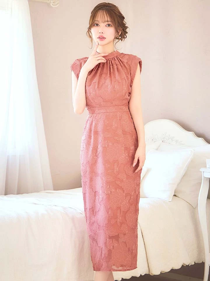 【AMORA GRACE / アモーラグレース】 オケージョンドレス/ パーティードレス/ お呼ばれドレス/ フラワージャガード/ ハイネック/ リボン/ ハイウエスト/ ミモレ丈/ ミディアムドレス/ キャバドレス3