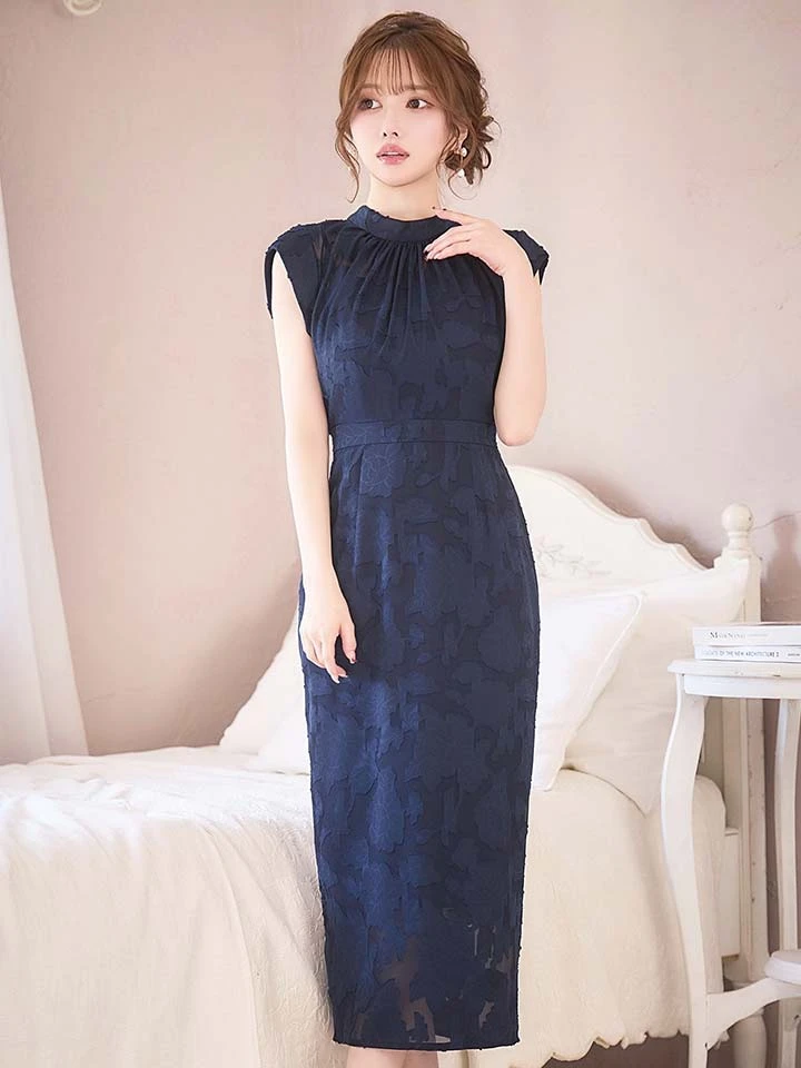 【AMORA GRACE / アモーラグレース】 オケージョンドレス/ パーティードレス/ お呼ばれドレス/ フラワージャガード/ ハイネック/ リボン/ ハイウエスト/ ミモレ丈/ ミディアムドレス/ キャバドレス5