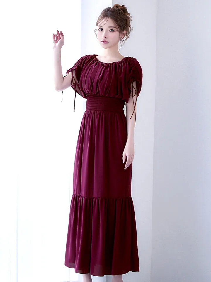 【AMORA GRACE / アモーラグレース】 オケージョンドレス/ パーティードレス/ お呼ばれドレス/ 無地/ ハーフスリーブ/ ドロスト/ ギャザー/ フレア/ ミモレ丈/ ワンピース/ ミディアムドレス/ キャバドレス3