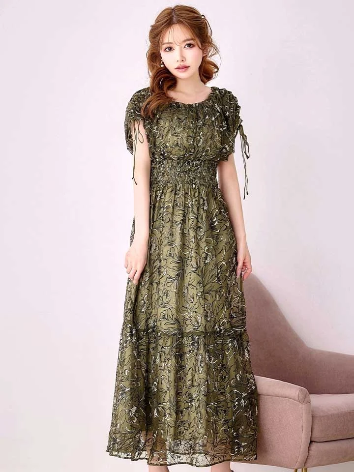 【AMORA GRACE / アモーラグレース】 オケージョンドレス/ パーティードレス/ お呼ばれドレス/ フラワー刺繍/ フレンチスリーブ/ フレア/ Aライン/ ミモレ丈/ ワンピース/ ミディアムドレス/ キャバドレス1