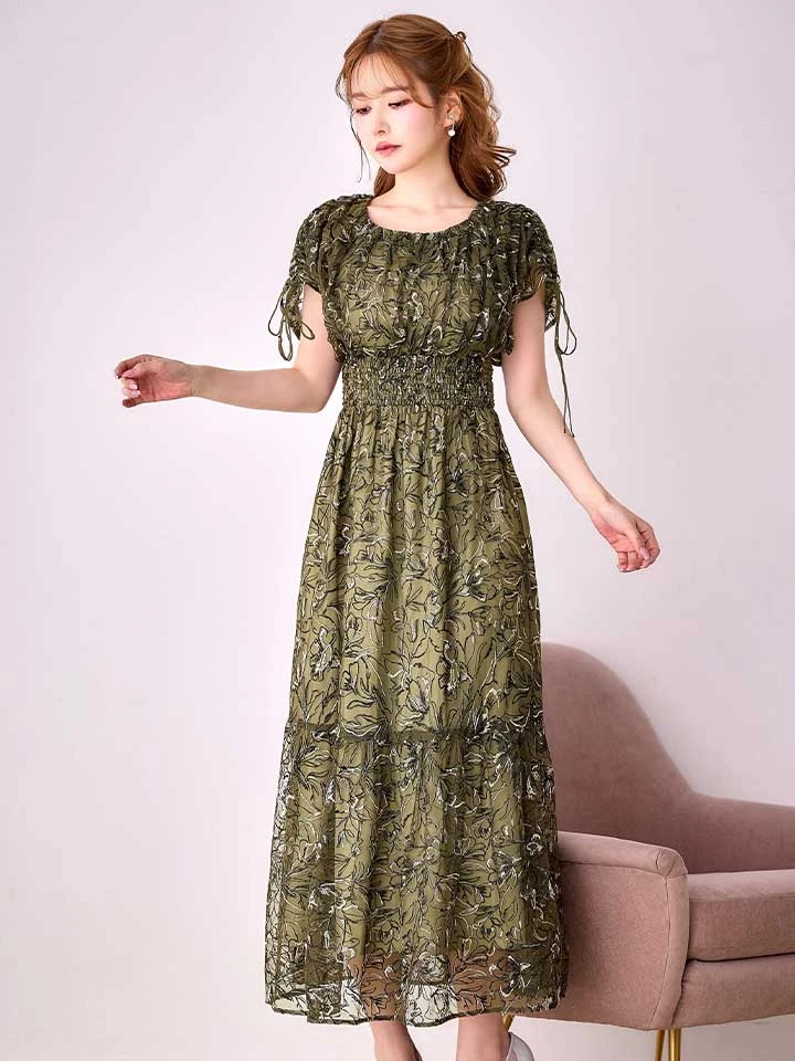 【AMORA GRACE / アモーラグレース】 オケージョンドレス/ パーティードレス/ お呼ばれドレス/ フラワー刺繍/ フレンチスリーブ/ フレア/ Aライン/ ミモレ丈/ ワンピース/ ミディアムドレス/ キャバドレス3