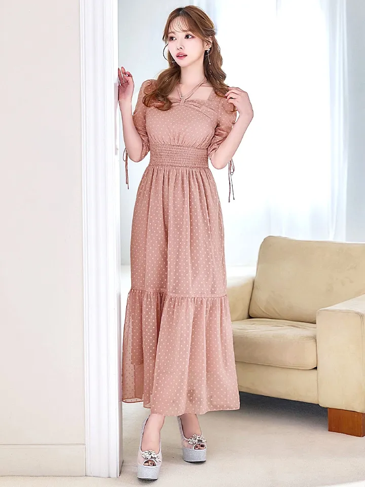 【AMORA GRACE / アモーラグレース】 オケージョンドレス/ パーティードレス/ お呼ばれドレス/ ドット/ ハーフスリーブ/ ドロスト/ ギャザー/ フレア/ ミモレ丈/ ワンピース/ ミディアムドレス/ キャバドレス17