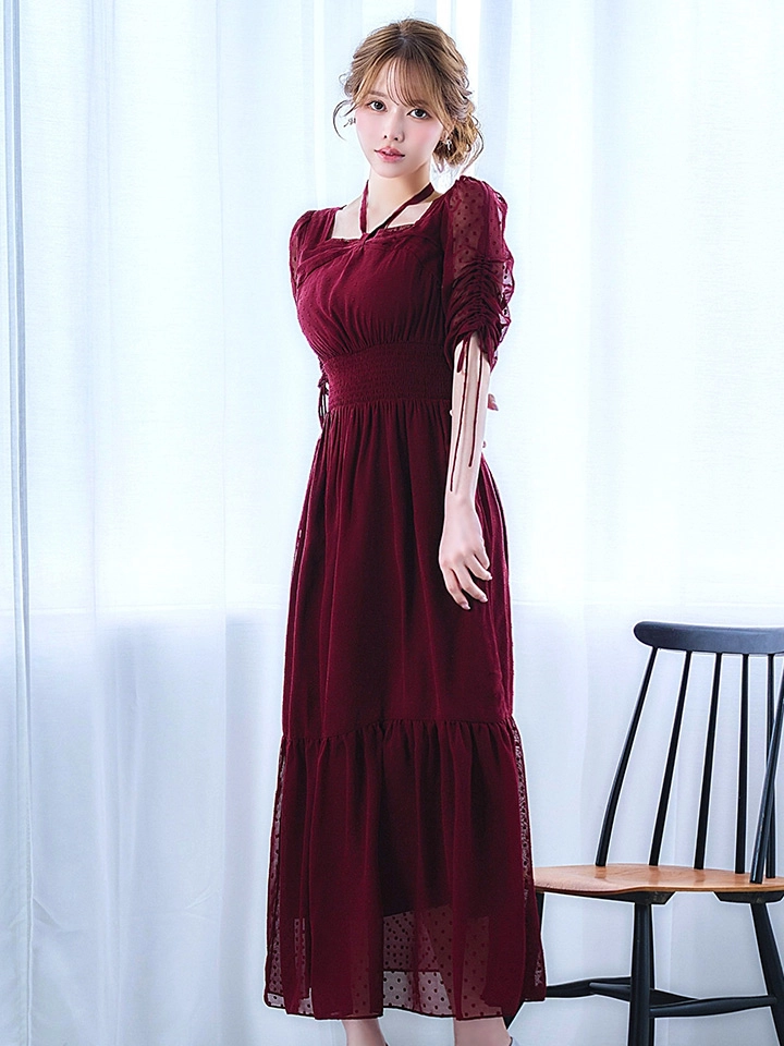 【AMORA GRACE / アモーラグレース】 オケージョンドレス/ パーティードレス/ お呼ばれドレス/ ドット/ ハーフスリーブ/ ドロスト/ ギャザー/ フレア/ ミモレ丈/ ワンピース/ ミディアムドレス/ キャバドレス4