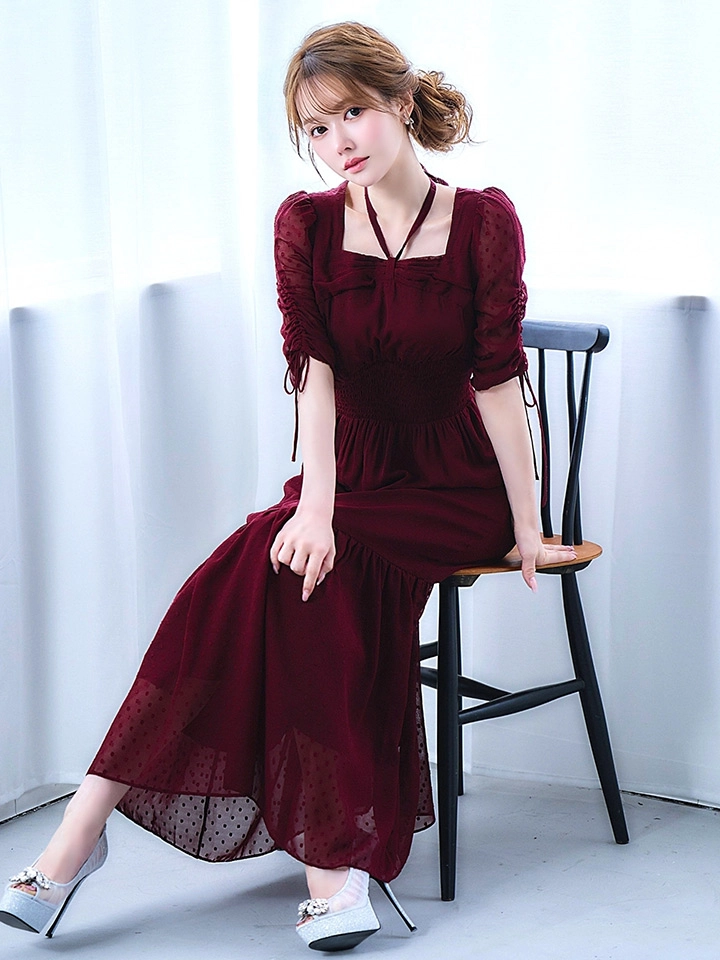 【AMORA GRACE / アモーラグレース】 オケージョンドレス/ パーティードレス/ お呼ばれドレス/ ドット/ ハーフスリーブ/ ドロスト/ ギャザー/ フレア/ ミモレ丈/ ワンピース/ ミディアムドレス/ キャバドレス6