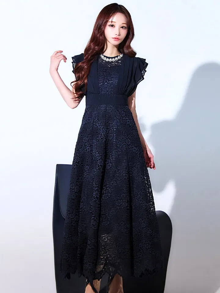 【AMORA GRACE / アモーラグレース】 オケージョンドレス/ パーティードレス/ お呼ばれドレス/ 総レース/ ネックビジュー/ シフォン/ フラワーレース/ フレア/ Aライン/ ミモレ丈/ ワンピース/ ミディアムドレス/ キャバドレス11