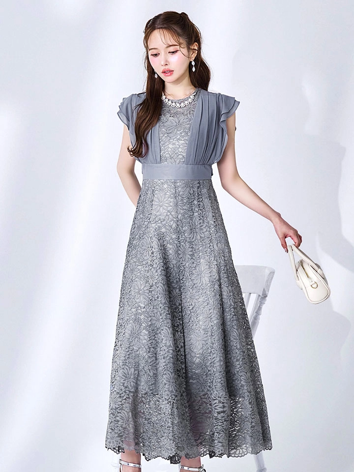 【AMORA GRACE / アモーラグレース】 オケージョンドレス/ パーティードレス/ お呼ばれドレス/ 総レース/ ネックビジュー/ シフォン/ フラワーレース/ フレア/ Aライン/ ミモレ丈/ ワンピース/ ミディアムドレス/ キャバドレス1