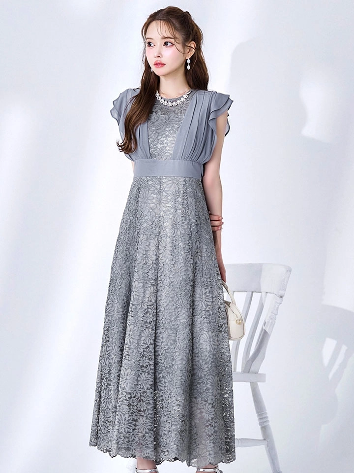 【AMORA GRACE / アモーラグレース】 オケージョンドレス/ パーティードレス/ お呼ばれドレス/ 総レース/ ネックビジュー/ シフォン/ フラワーレース/ フレア/ Aライン/ ミモレ丈/ ワンピース/ ミディアムドレス/ キャバドレス2