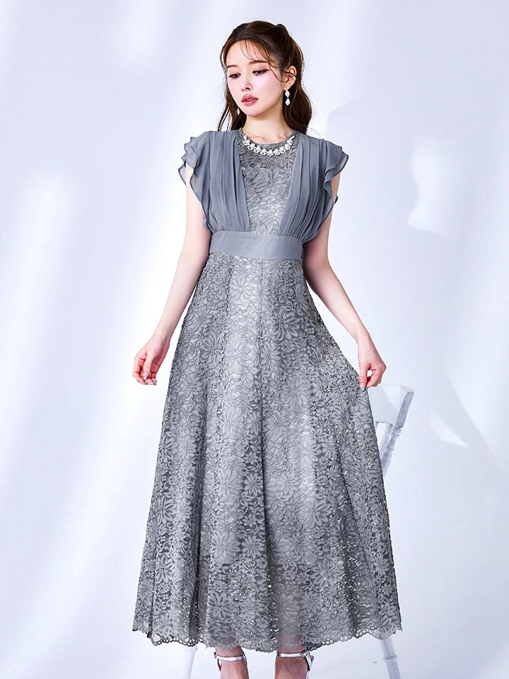 【AMORA GRACE / アモーラグレース】 オケージョンドレス/ パーティードレス/ お呼ばれドレス/ 総レース/ ネックビジュー/ シフォン/ フラワーレース/ フレア/ Aライン/ ミモレ丈/ ワンピース/ ミディアムドレス/ キャバドレス3
