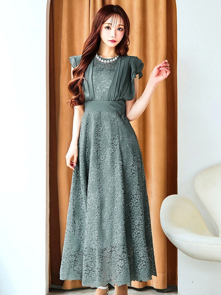【AMORA GRACE / アモーラグレース】 オケージョンドレス/ パーティードレス/ お呼ばれドレス/ 総レース/ ネックビジュー/ シフォン/ フラワーレース/ フレア/ Aライン/ ミモレ丈/ ワンピース/ ミディアムドレス/ キャバドレス4