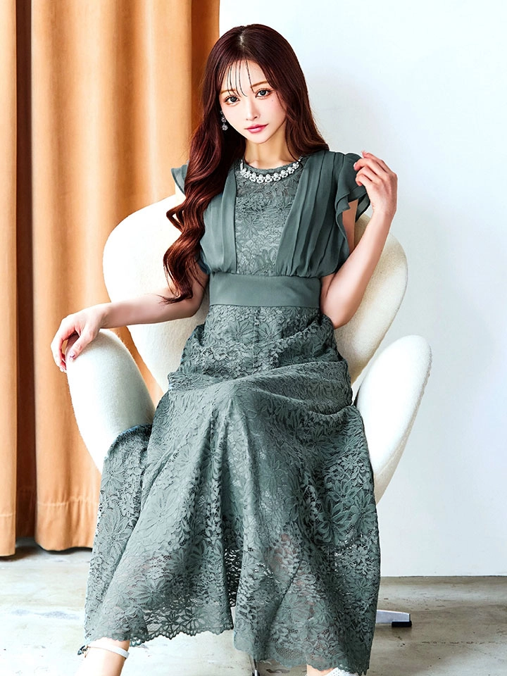【AMORA GRACE / アモーラグレース】 オケージョンドレス/ パーティードレス/ お呼ばれドレス/ 総レース/ ネックビジュー/ シフォン/ フラワーレース/ フレア/ Aライン/ ミモレ丈/ ワンピース/ ミディアムドレス/ キャバドレス6