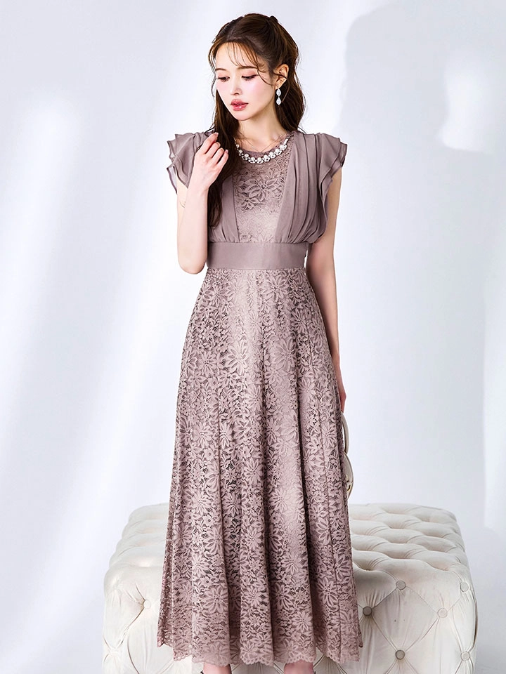 【AMORA GRACE / アモーラグレース】 オケージョンドレス/ パーティードレス/ お呼ばれドレス/ 総レース/ ネックビジュー/ シフォン/ フラワーレース/ フレア/ Aライン/ ミモレ丈/ ワンピース/ ミディアムドレス/ キャバドレス9