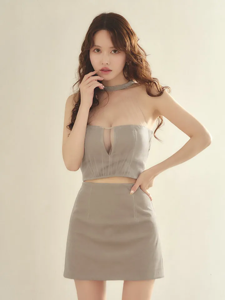 【Glossy/グロッシー】ホルターネック/ ラメニット/ セットアップ/ バックリボン/ シアー/ タイト/ ミニドレス/ キャバドレス2