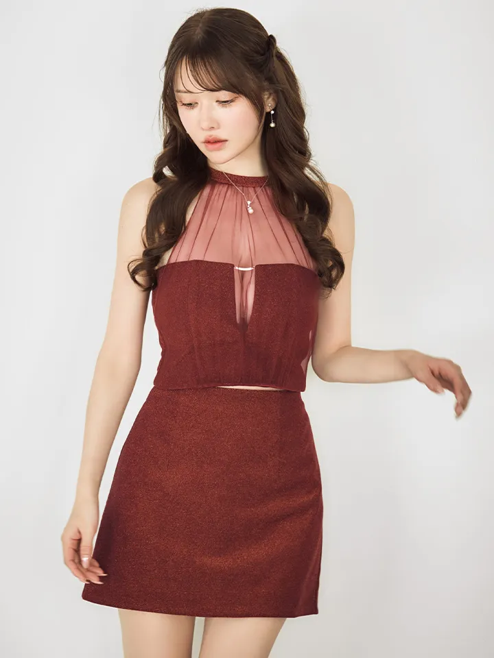 【Glossy/グロッシー】ホルターネック/ ラメニット/ セットアップ/ バックリボン/ シアー/ タイト/ ミニドレス/ キャバドレス2