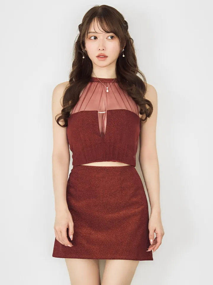 【Glossy/グロッシー】ホルターネック/ ラメニット/ セットアップ/ バックリボン/ シアー/ タイト/ ミニドレス/ キャバドレス3