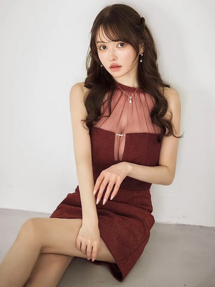 【Glossy/グロッシー】ホルターネック/ ラメニット/ セットアップ/ バックリボン/ シアー/ タイト/ ミニドレス/ キャバドレス4