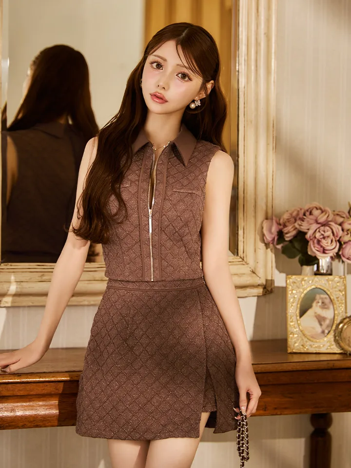 【Glossy/グロッシー】襟付き/ ノースリーブ/ センタージップ/ ラメニット/ ラップスカート/ フレア/ ミニドレス/ キャバドレス3