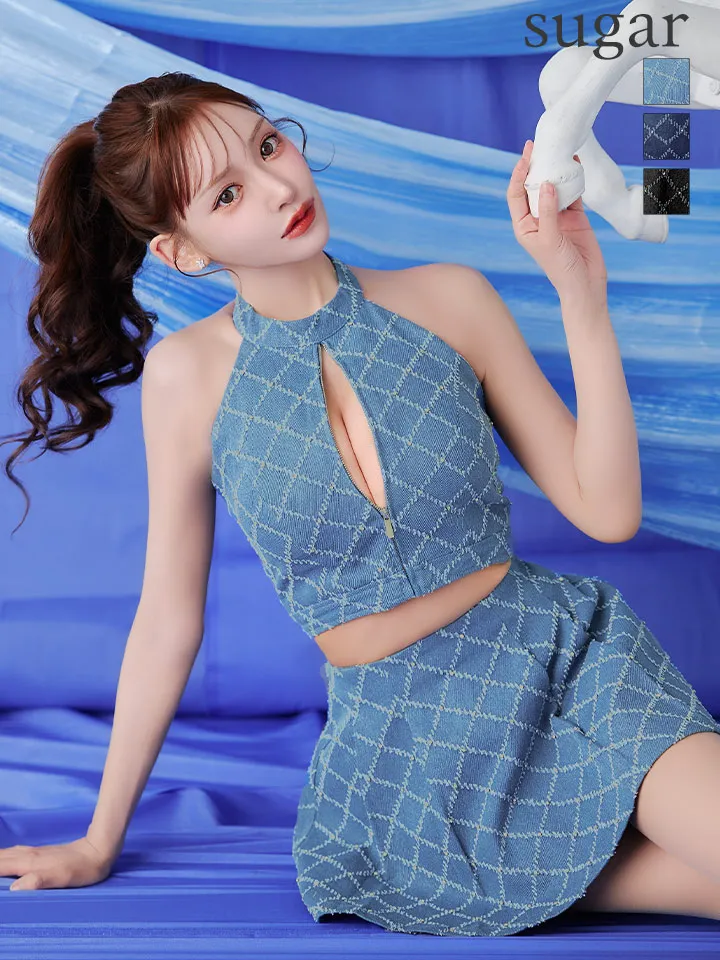 【ROBE de FLEURS Glossy/ローブ・ド・フルール グロッシー】デニム/ ホルター/ バストジップ/ フレア/ セットアップ/ ミニドレス/ キャバドレス