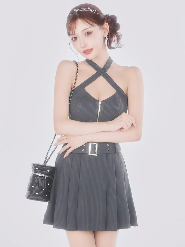【ROBE de FLEURS Glossy/ローブ・ド・フルール グロッシー】リブ/ ホルターネック/ バストジップ/ セットアップ/ フレア/ ミニドレス/ キャバドレス2