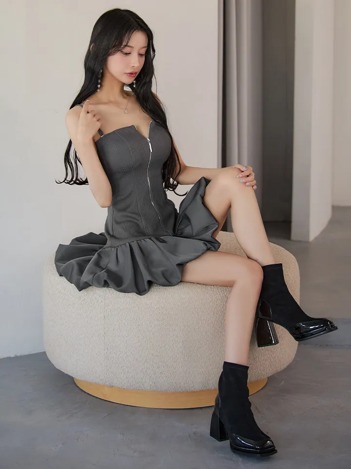 【Glossy/グロッシー】センタージップ/ リブ/ バルーン/ フレア/ ミニドレス/ キャバドレス4