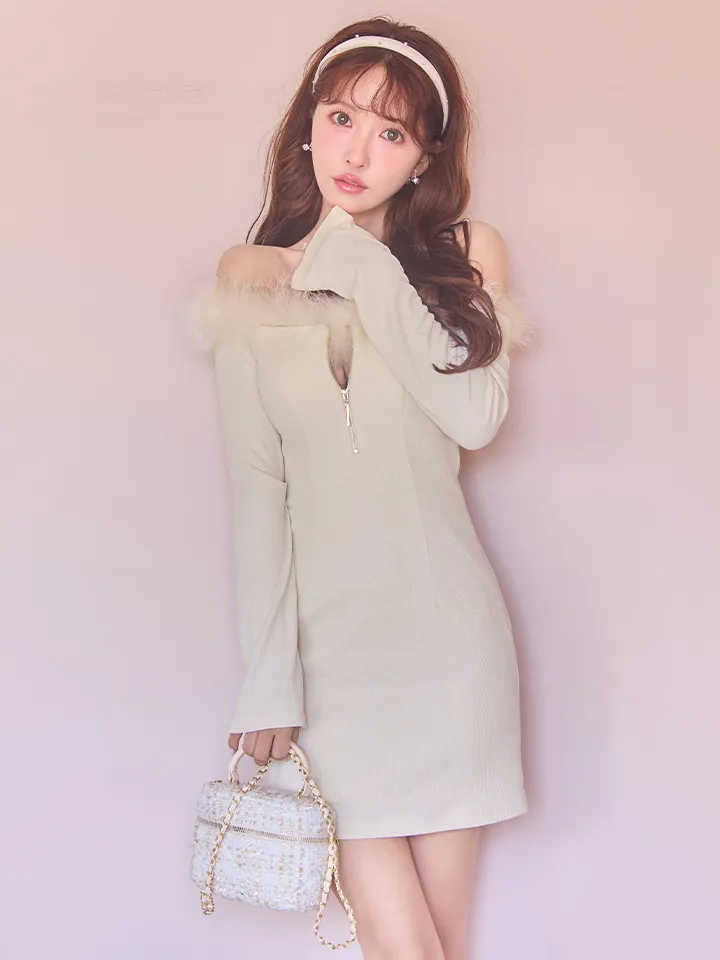 【Glossy/グロッシー】2way/ オフショル/ ファー/ バストジップ/ リブニット/ タイト/ ミニドレス/ キャバドレス4